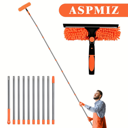 2-in-1 High-rise Window Cleaning Kit with 10 Extension Rods for High-rise Glass Wipe And Scraper, Reusable Microfiber Pad, No Power Required, Machine Washable, Ideal Mother's Day Father's Day Gift